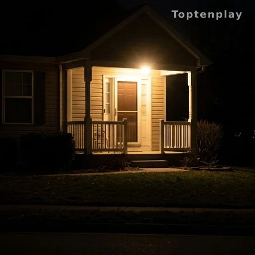 Motion-activated porch light illuminating a residential entrance at night, home security