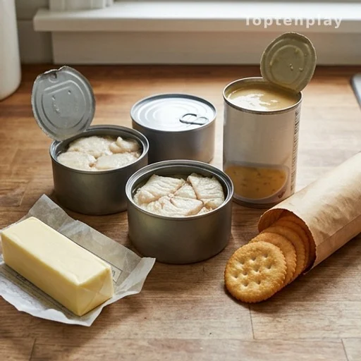 Pantry ingredients for a budget fish casserole: canned fish, soup, crackers, and butter