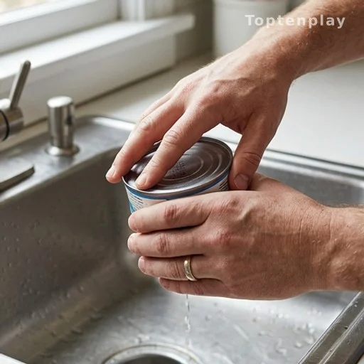 Draining canned tuna over a sink, key step in a fish casserole recipe