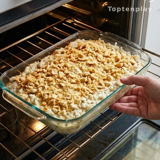 Fish casserole with golden cracker crust ready to go into the oven