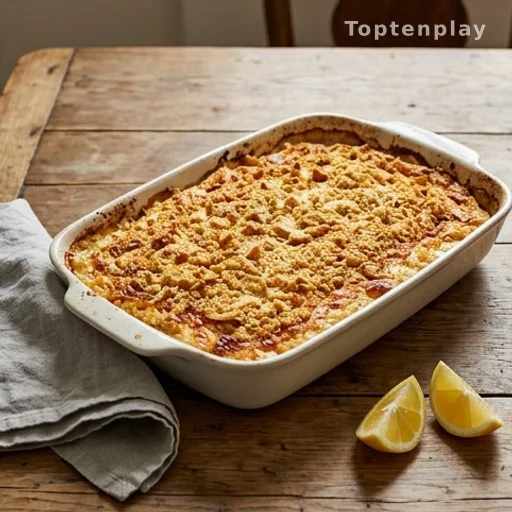 Baked golden fish casserole served for a Lenten Good Friday dinner