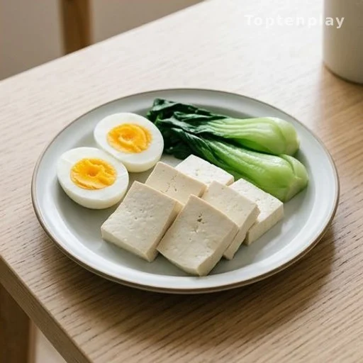 Healthy low-sodium breakfast with eggs and tofu, recommended for kidney health after 60