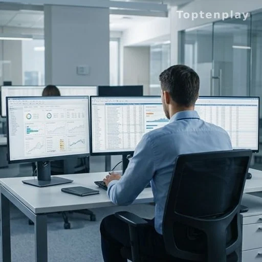 Bank employee working on internal AI data dashboards in an open-plan office
