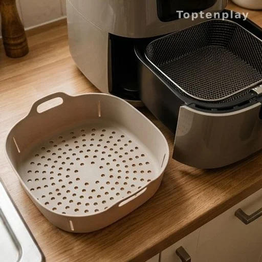 Perforated air fryer liner next to open air fryer basket