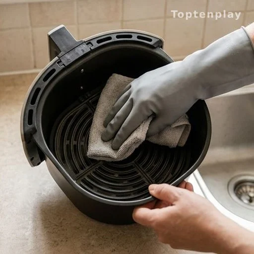 Hands cleaning air fryer basket to remove grease buildup