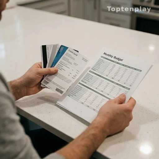 Hands reviewing credit card bills and household budget competing with retirement savings