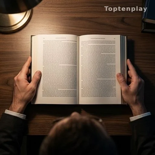 Actor research preparation, hands holding open book at desk for villain role