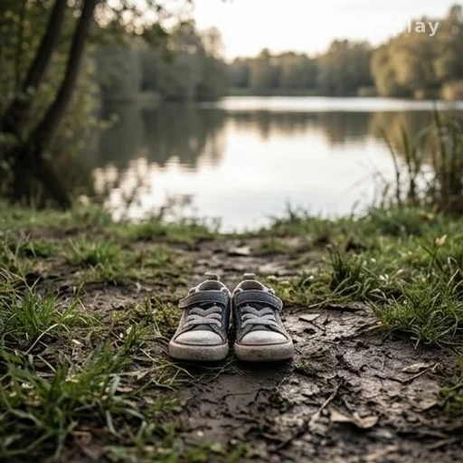 Small child's shoes on a park path near a lake, missing child search