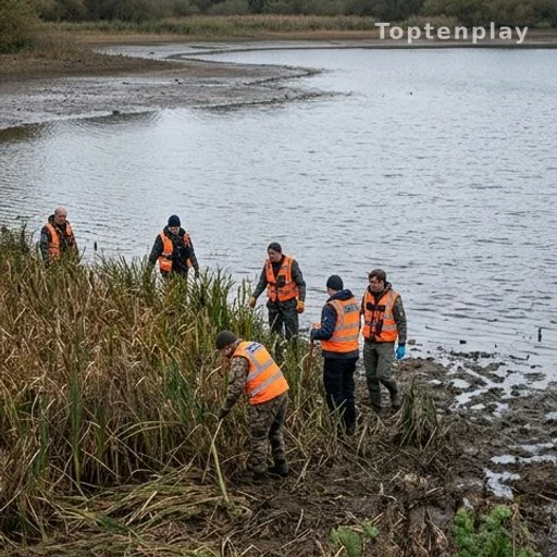 Search and rescue team combing a drained lake shoreline during a missing child investigation
