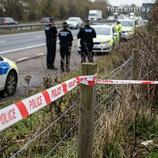Police tape at a roadside investigation scene near a highway in a residential area