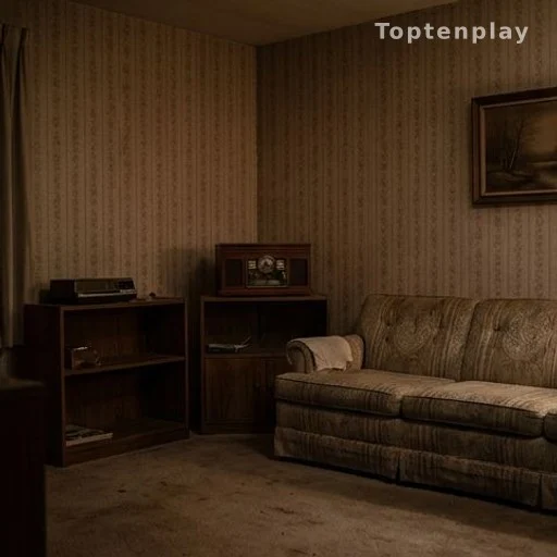 Dimly lit 1980s American living room with a radio on a shelf