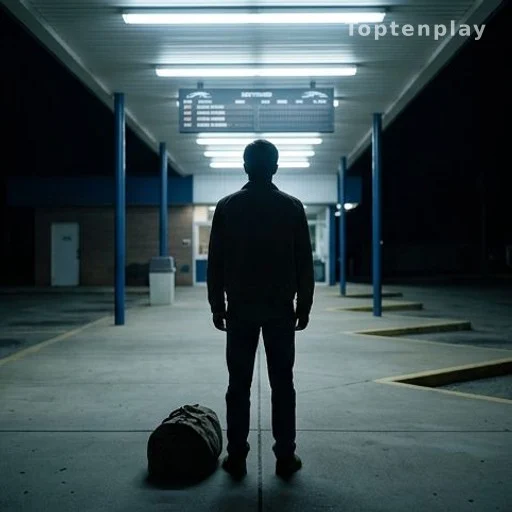 Silhouette of a young man at a bus station at night with a bag