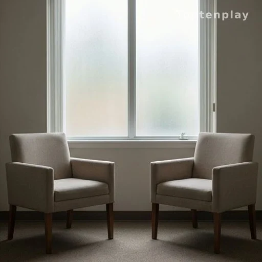 Empty therapy office with two chairs, mental health treatment setting