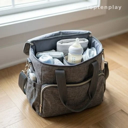 Packed diaper bag with newborn formula bottle, adoption preparation