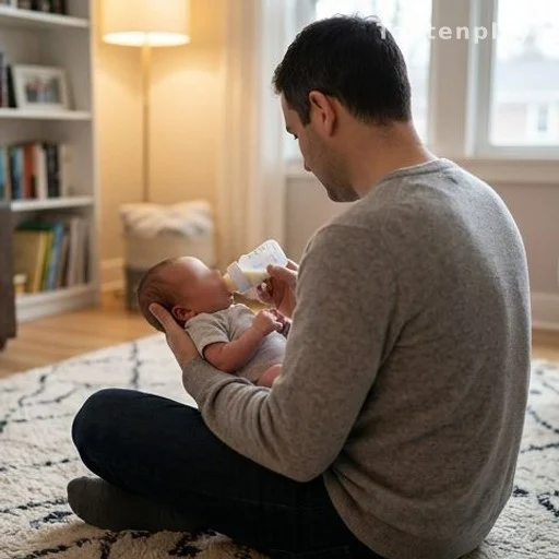 Father feeding newborn baby on living room floor at home