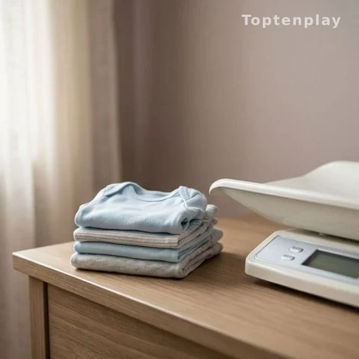 Newborn onesies and baby scale showing healthy infant weight gain