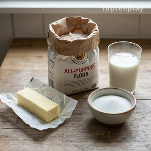 Four baking ingredients for budget biscuit recipe on a kitchen counter