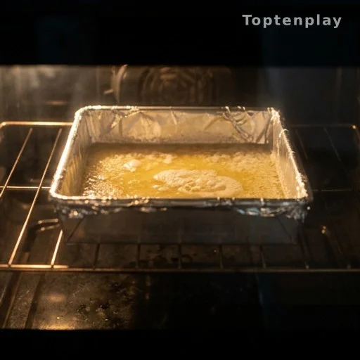 Butter melting and bubbling in a foil-lined baking pan inside a hot oven