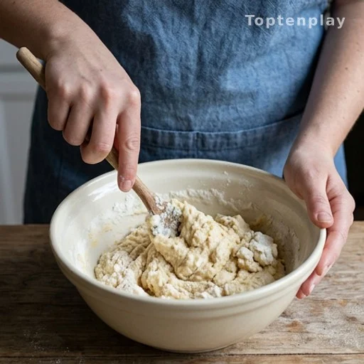 Hands mixing lumpy biscuit batter in a bowl, easy homemade baking technique
