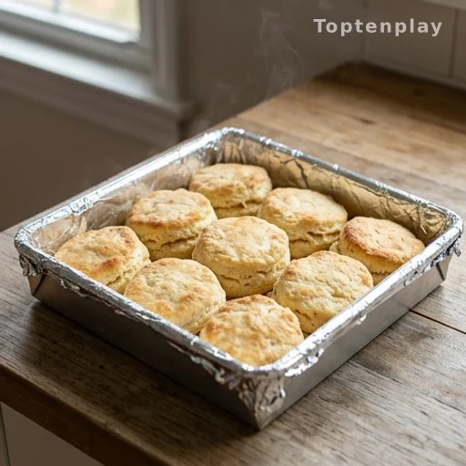 Nine golden butter dip biscuits freshly baked in a square pan
