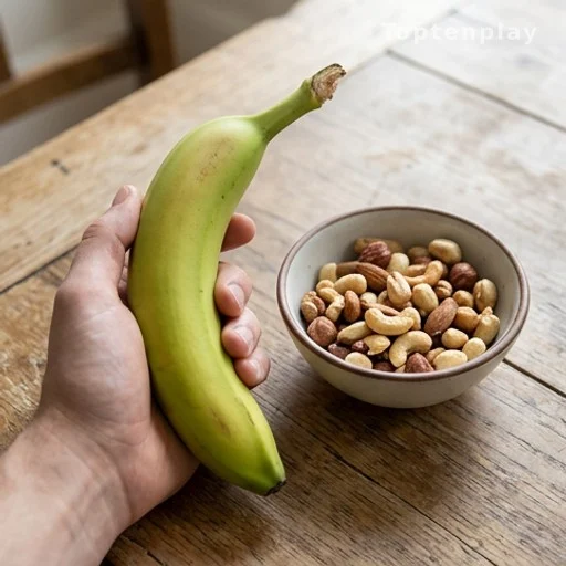 green banana held next to nuts illustrating low glycemic index and healthy diet