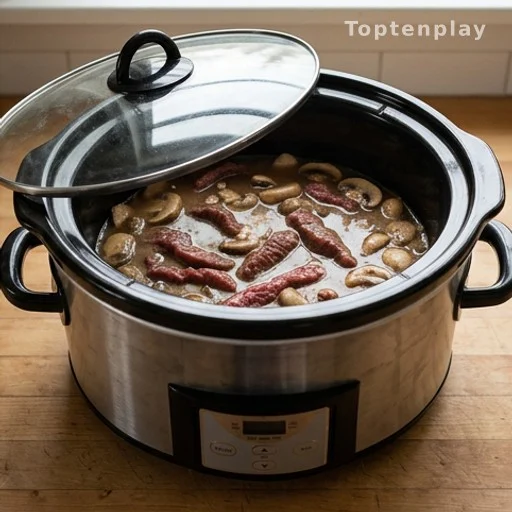 Slow cooker with beef strips and mushrooms inside during cooking