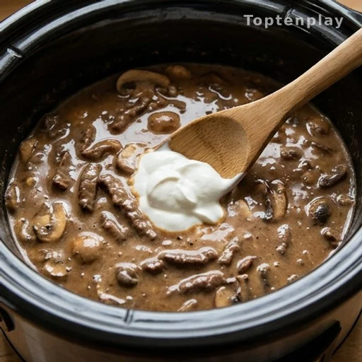 Sour cream being stirred into creamy mushroom stroganoff sauce in slow cooker