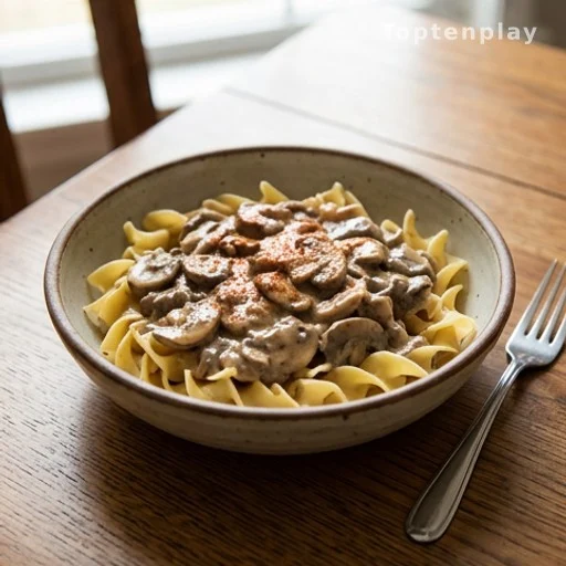 Gluten-free beef stroganoff served over egg noodles in a bowl