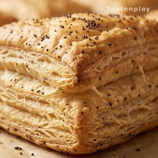 Baked puff pastry layers showing small dark brown spots from caramelized butter