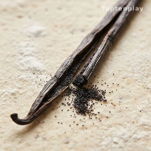 Vanilla bean seeds scattered on raw puff pastry dough