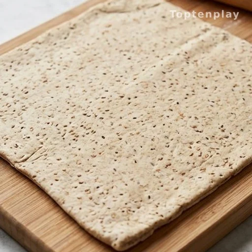 Whole wheat puff pastry sheet with dark bran specks on wooden surface