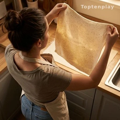 Person inspecting raw puff pastry sheet for visible defects in a home kitchen