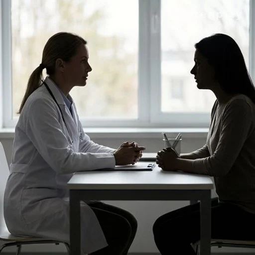 Doctor consulting female patient about cancer risk factors and hormone therapy options