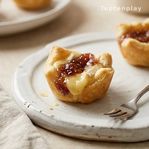 Golden crescent dough brie bite with melted cheese and fruit preserves