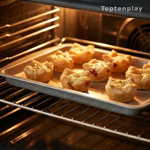 Crescent pastry cups rising in a hot oven during baking