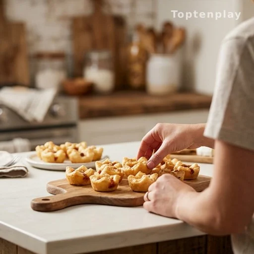 Hands arranging brie appetizer bites on a serving board for guests