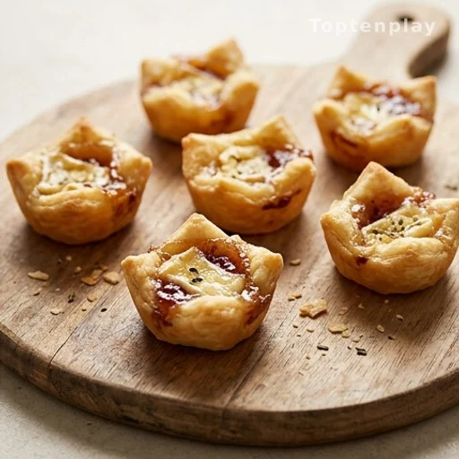 Flaky crescent brie bites on a wooden board, easy French-style appetizer
