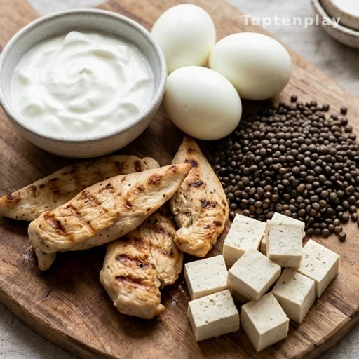 High-protein foods supporting nail health including eggs, chicken, lentils and tofu