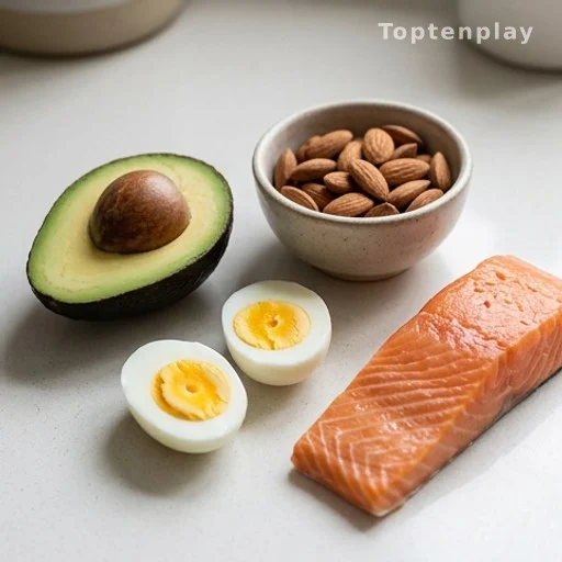 Biotin-rich foods for nail strength including avocado, almonds, cooked egg and salmon