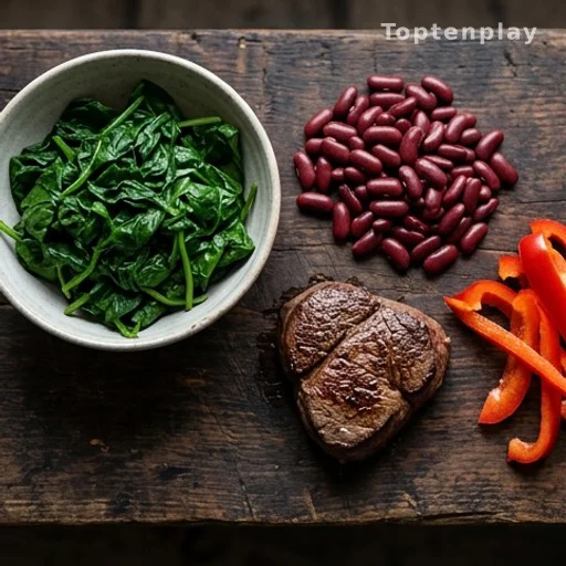 Iron-rich foods including spinach, legumes and red meat to prevent brittle nails