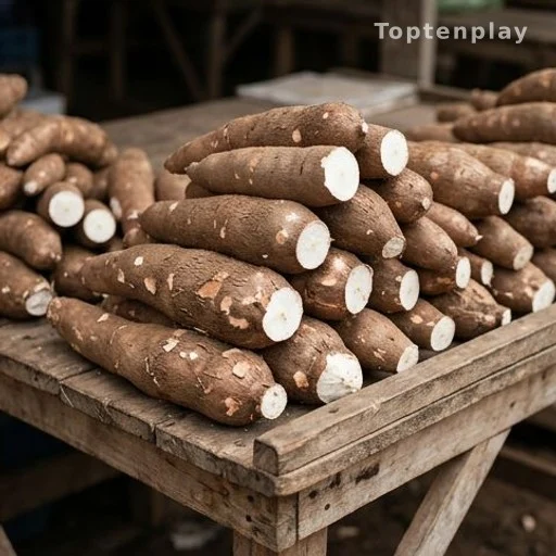 Raw cassava roots piled on a market table showing brown skin and white flesh