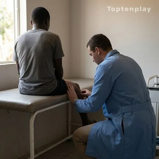 Rural clinic scene with a health worker examining a patient's lower limbs from behind