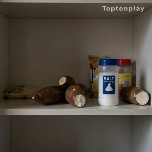 Sparse kitchen shelf with a raw cassava root and basic food items during food scarcity