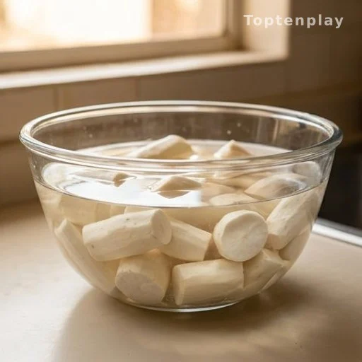 Peeled cassava pieces soaking in a bowl of water as part of safe food preparation
