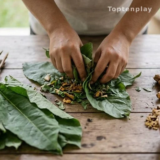 Hands preparing a herbal leaf poultice on a wooden surface