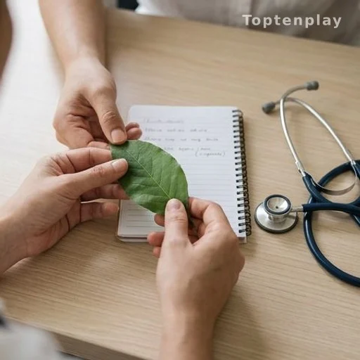 Green leaf beside a stethoscope and notebook on a wooden table