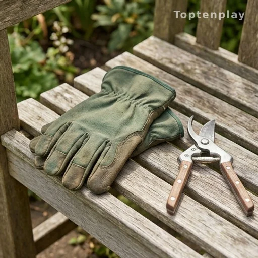 Thick gardening gloves and pruning shears for safe handling of toxic plants