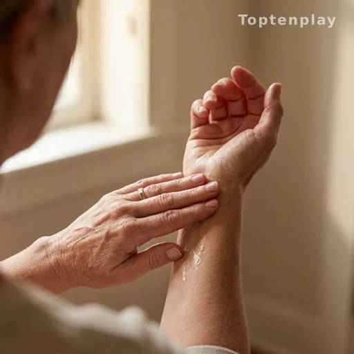 Hands applying castor oil massage blend for circulation and skin health support