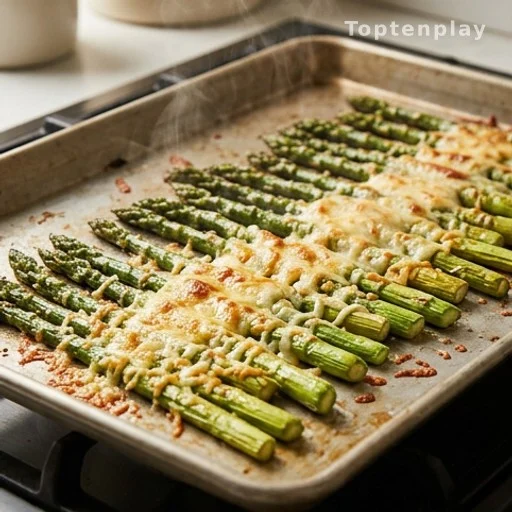 Sheet pan of cheesy baked asparagus with golden melted cheese crust