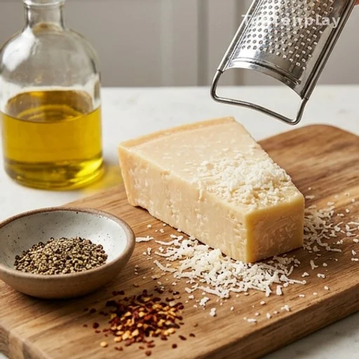 Freshly grated Parmesan cheese and olive oil ingredients for healthy baked asparagus